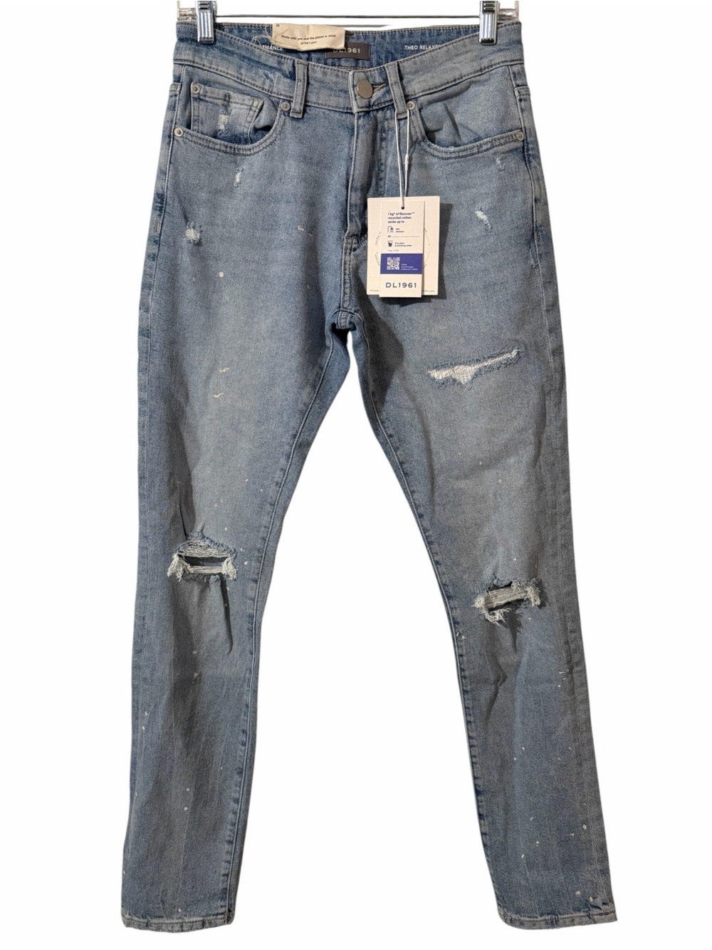 DL1961 Theo Relaxed Taper Jean Light Indigo Paint Splatter Distressed Ripped 28
